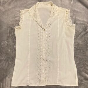 Vintage Eyelet Lace Sleeveless Blouse Cottagecore Grannycore Size M (Flawed)